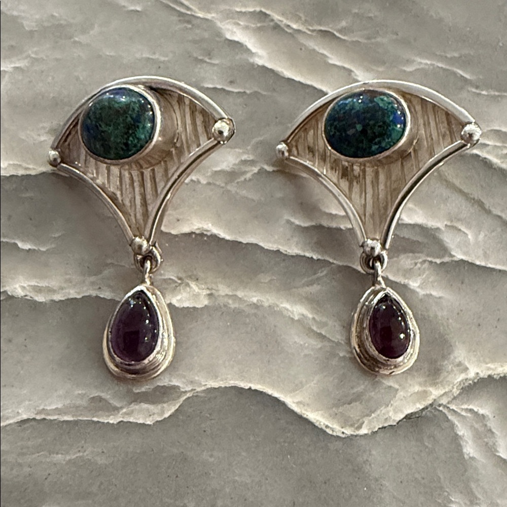 Sterling Silver Pierced Earrings With Green Turquoise and Amethyst Stones